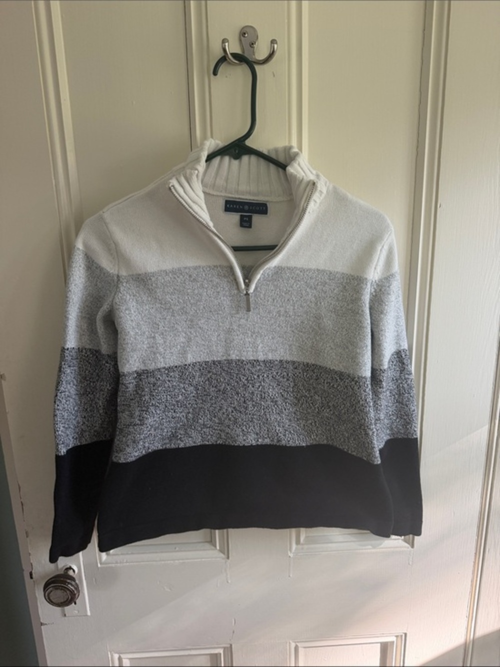 Karen Scott White, Light Gray, Dark Gray & Black Striped Quarter-Zip Sweater
